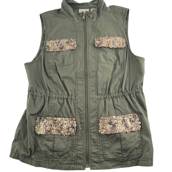 Chico's Jackets & Blazers - Chico's Utility Sequin Vest Sinched Waist Army Green Women's Sz 2 Large